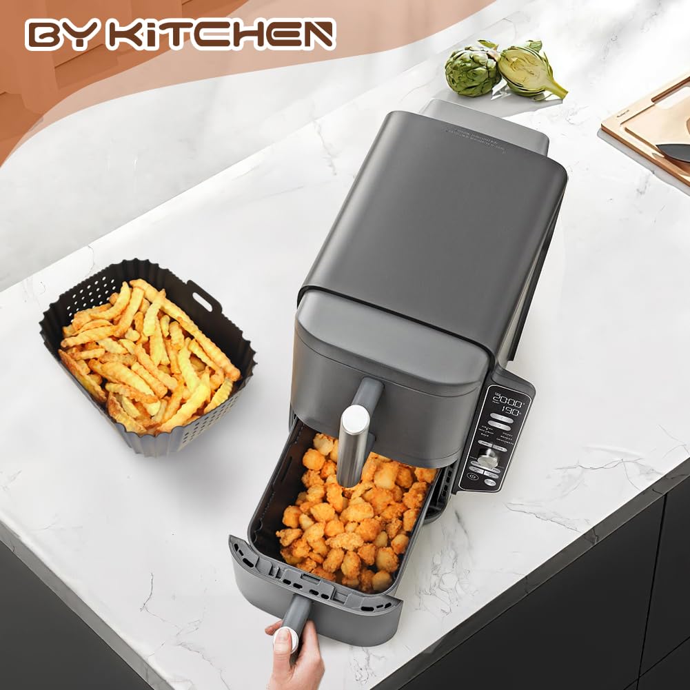 BYKITCHEN Air Fryer Silicone Liner for Ninja Double Stack XL 9.5L SL400UK, Perforated Air Fryer Liners Reusable, Airfryer Accessories for Ninja Double Stack Vertical Dual Drawer Airfryer (2 PCS)