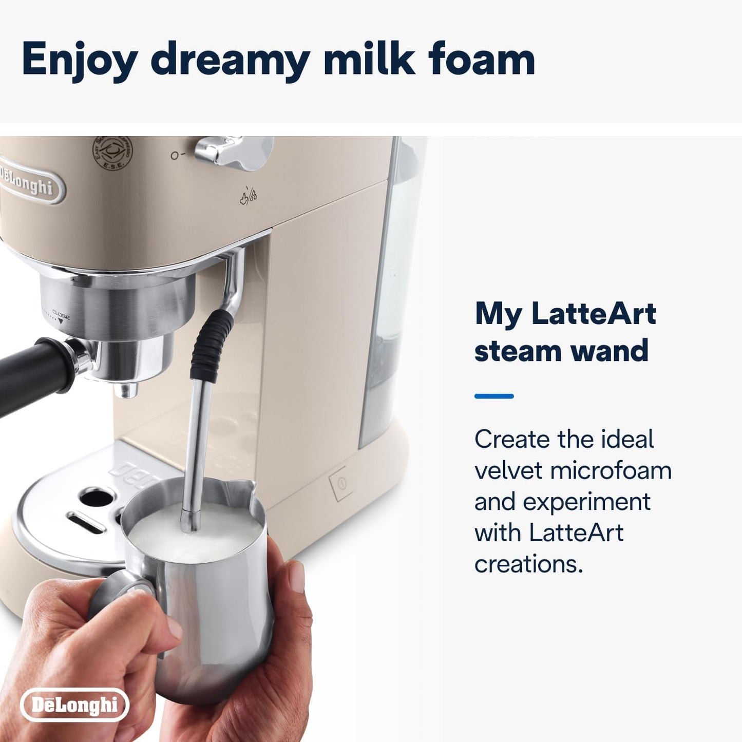 De'Longhi Dedica Arte EC885.BG, Traditional Barista Pump Espresso Machine, Manual Coffee Machine, My LatteArt Steam Wand, Compact Design 15cm Wide, Fit Mug Up to 13cm, Beige