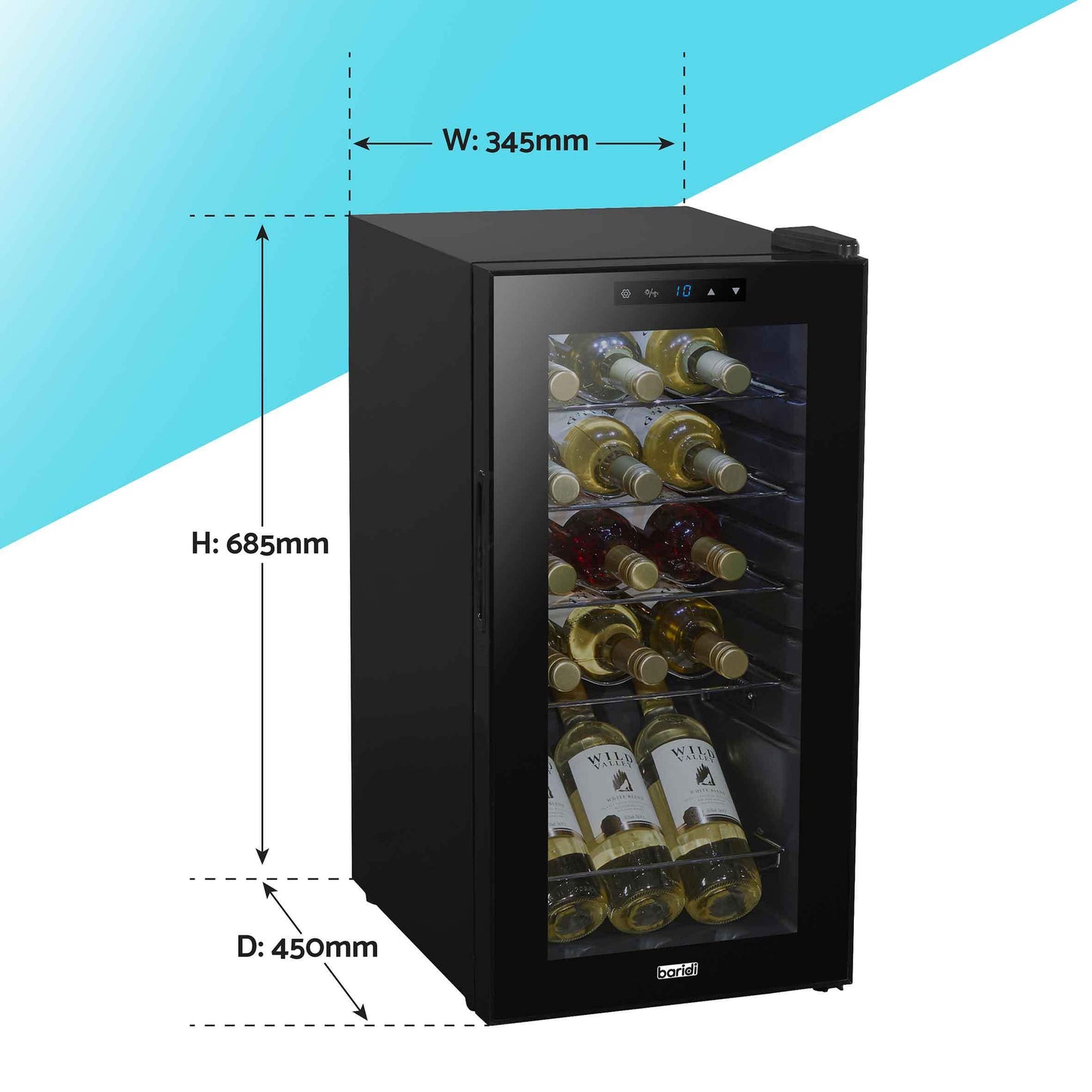 Baridi Black 12 Bottle Wine Fridge Cooler, Super Quiet 25dB, Touch Control, LED - DH73
