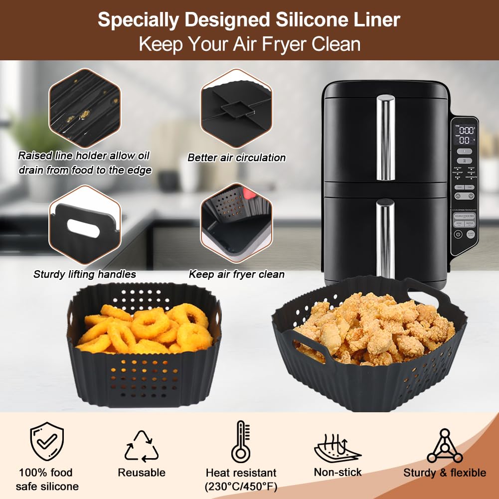 BYKITCHEN Silicone Air Fryer Liner for Ninja Double Stack Air Fryer XL SL400UK, Perforated 2PCS Air Fryer Liners, Air Fryer Accessories for Ninja Double Stack 9.5L Vertical Dual Drawer Air Fryer
