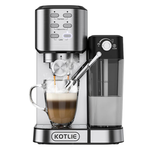 KOTLIE Espresso Coffee Machine with Automatic Milk Frother, 20Bar One-Touch Coffee Machines for Espresso, Cappuccino and Latte, ESE Pod Compatible, Black (CM5180-UK)