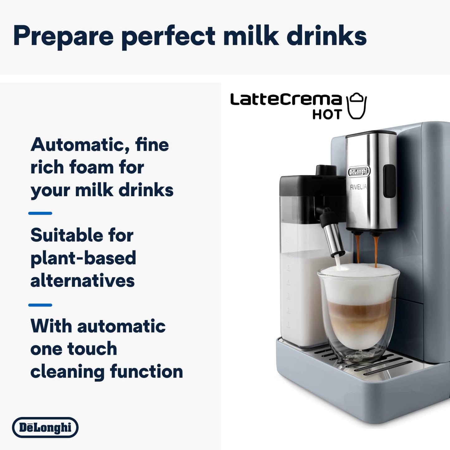 Delonghi Rivelia EXAM440.55.G, Fully Automatic Coffee Machine with LatteCrema Hot, Automatic Milk Frother, Compact Size Bean to Cup Coffee Machine, 16 Recipes, Full Touch Colored Display, Pebble Grey