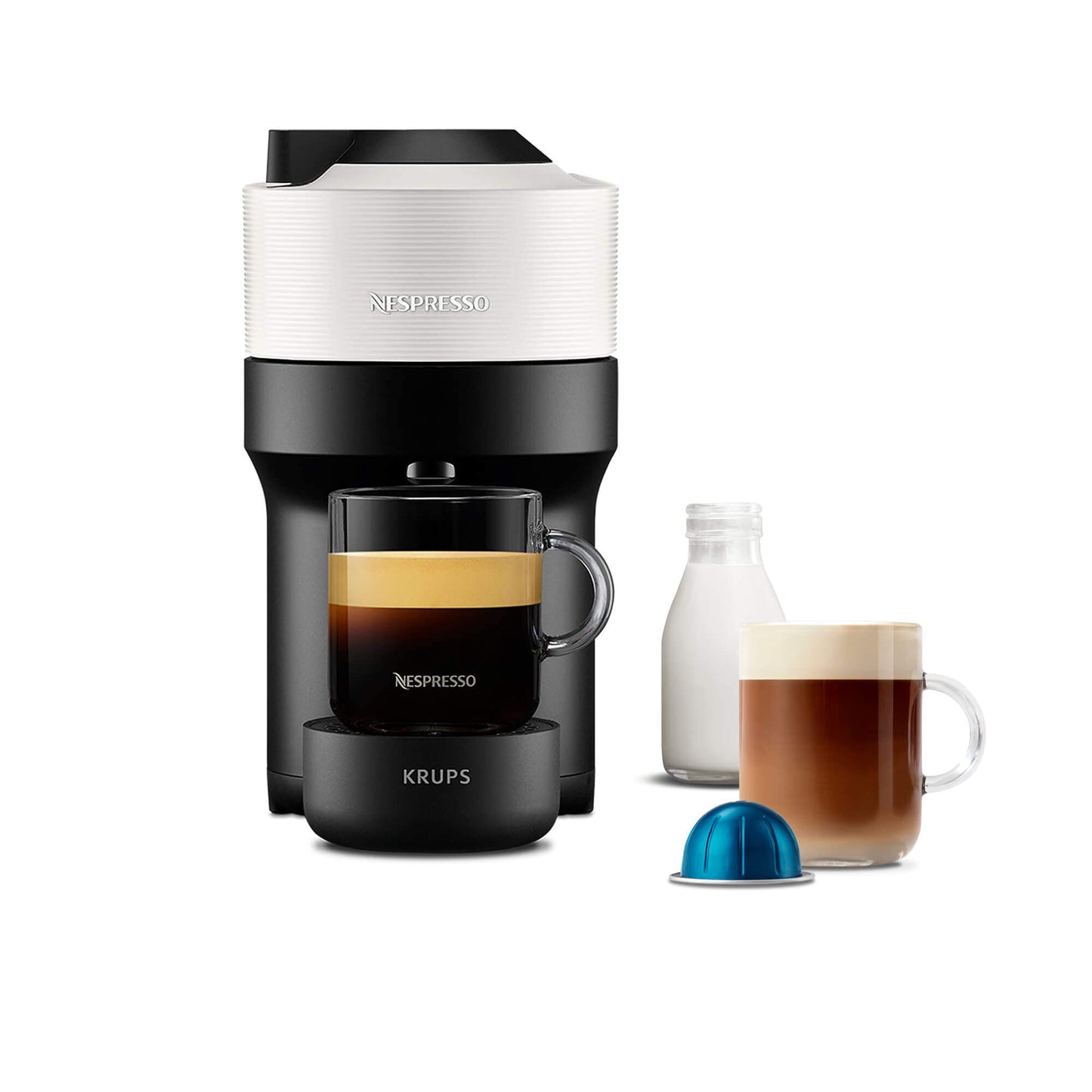 Nespresso Coffee Machine Baritsa Bundle includes Vertuo Pop White by Krups, Milk Frother, 2xNespresso Mugs, 2 x spoons, Melozio Nespresso coffee pods & Chiaro Nespresso coffee pods