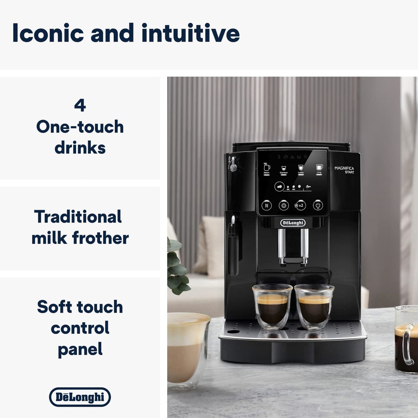 De'Longhi Magnifica Start ECAM220.60.B, Fully Automatic Bean to Cup Coffee Machine with 4 One-Touch Recipes, Soft-Touch Control Panel, Auto Milk, 1450W, Black