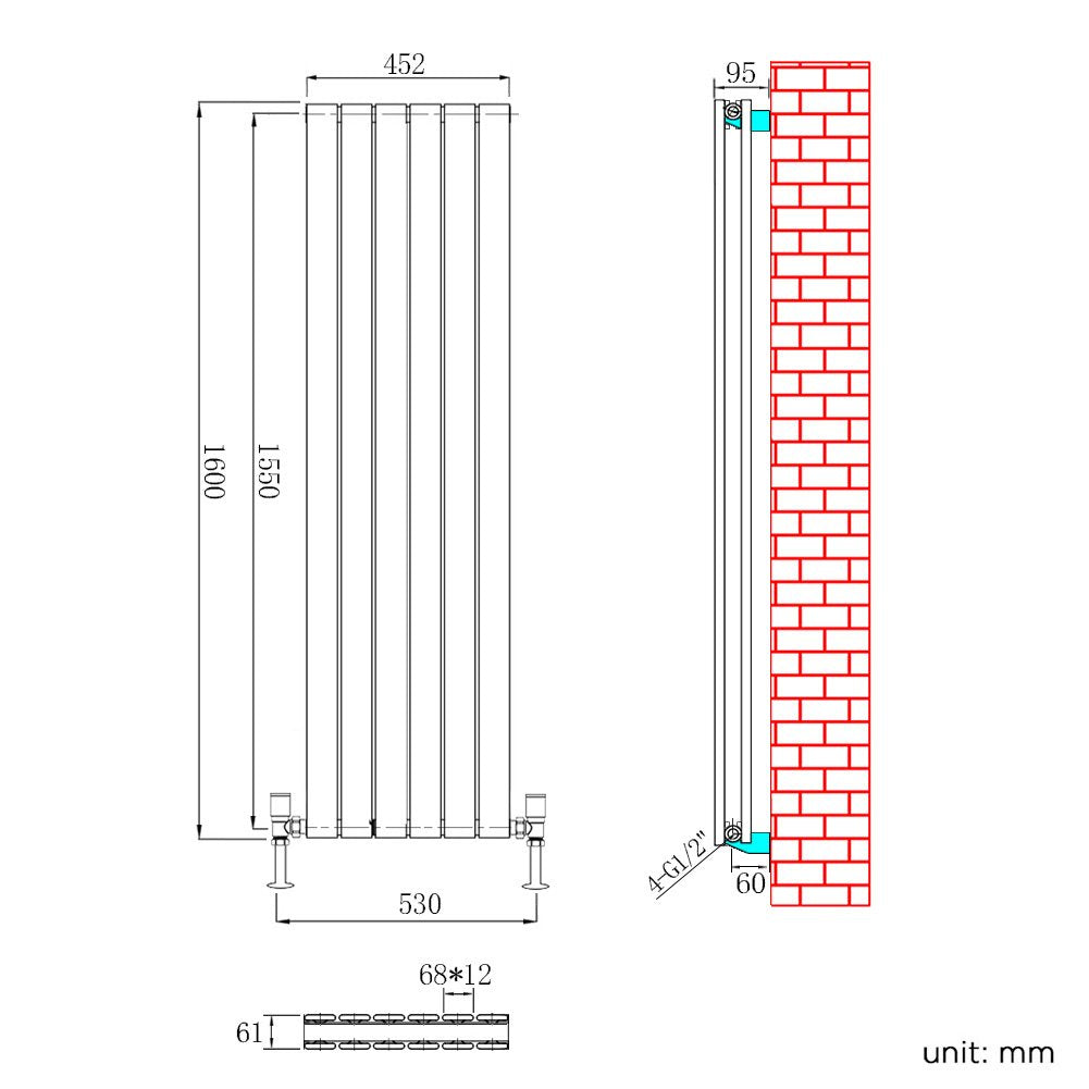 ELEGANT 1600 x 300 mm Vertical Designer Radiator Anthracite Double Flat Panel Column Tall Upright Central Heating Radiators