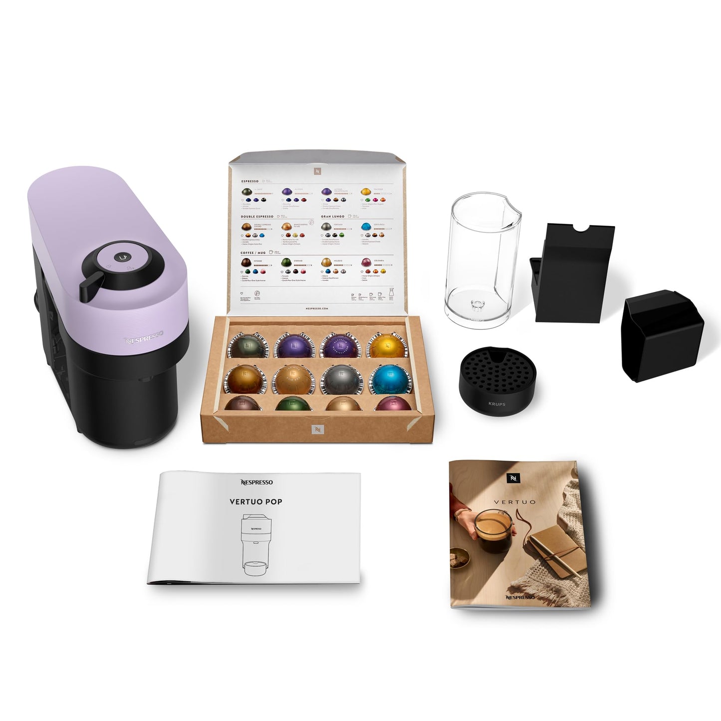 Nespresso Krups Vertuo Pop Coffee Pod Machine, Baritsa Bundle, includes White Vertuo Pop Coffee Pod Machine, 1x Milk Frother, 2x Mugs, 2x spoons, Melozio coffee pods & Chiaro coffee pods