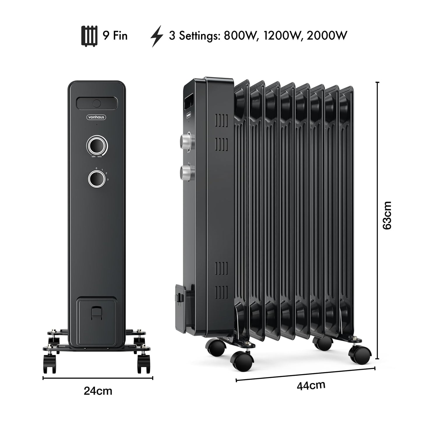 VonHaus Oil Filled Radiator 9 Fin – Oil Heater Portable Electric Free Standing 2000W for Home, Office, Any Room – Adjustable Thermostat, 3 Heat Settings, 4x Wheels, 1.5m Power Cable – 2 Year Warranty