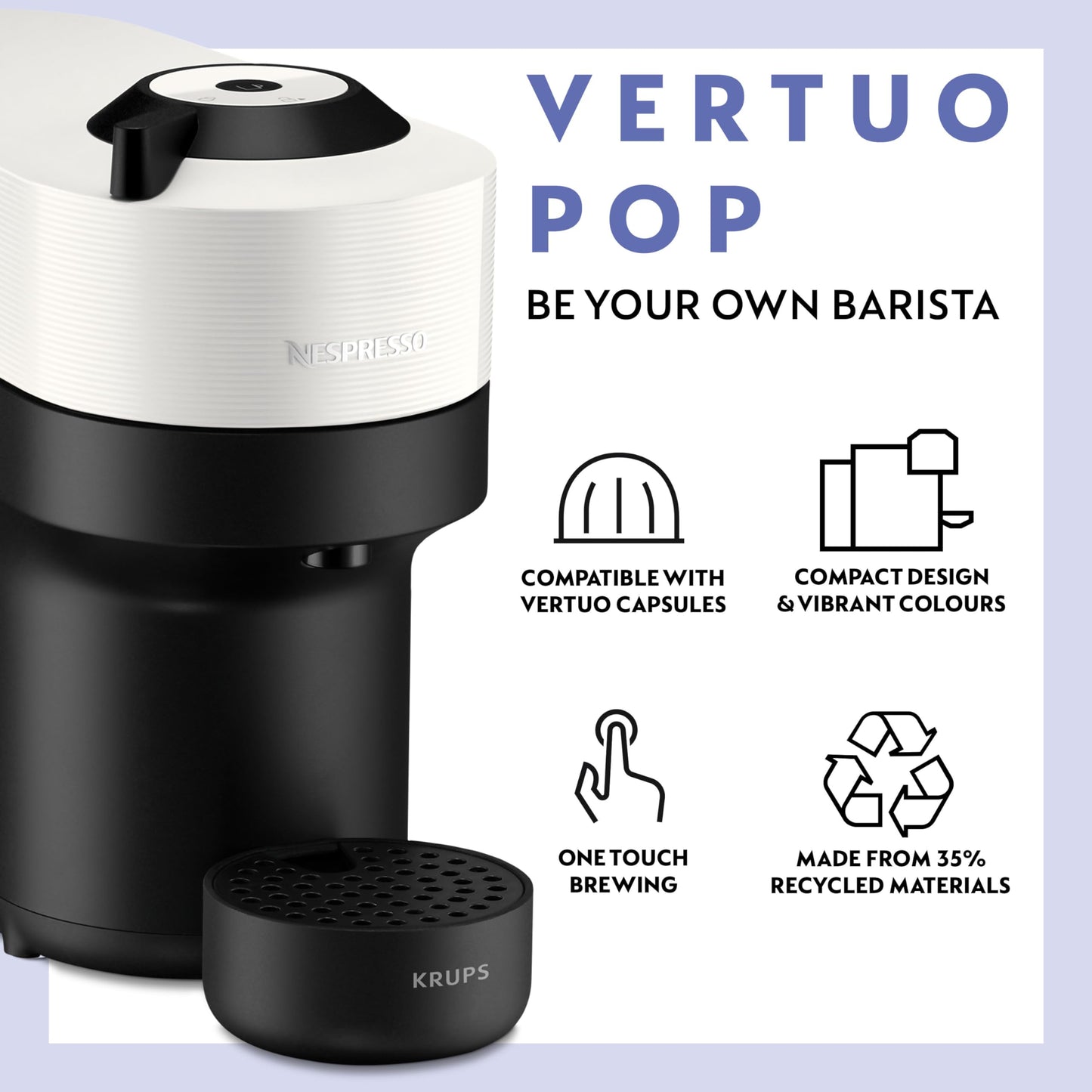 Nespresso Coffee Machine Baritsa Bundle includes Vertuo Pop White by Krups, Milk Frother, 2xNespresso Mugs, 2 x spoons, Melozio Nespresso coffee pods & Chiaro Nespresso coffee pods