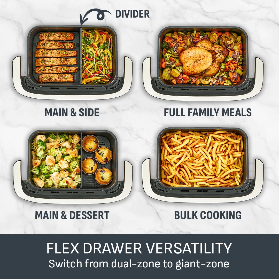 Tefal Easy Fry Dual Zone Digital Air Fryer, 2 Drawers, 8.3L, 8in1, Air Fry, Extra Crisp, Roast, Bake, Reheat, Dehydrate, 6 Portions, Non-Stick, Dishwasher Safe Baskets, Black & Metal EY901840