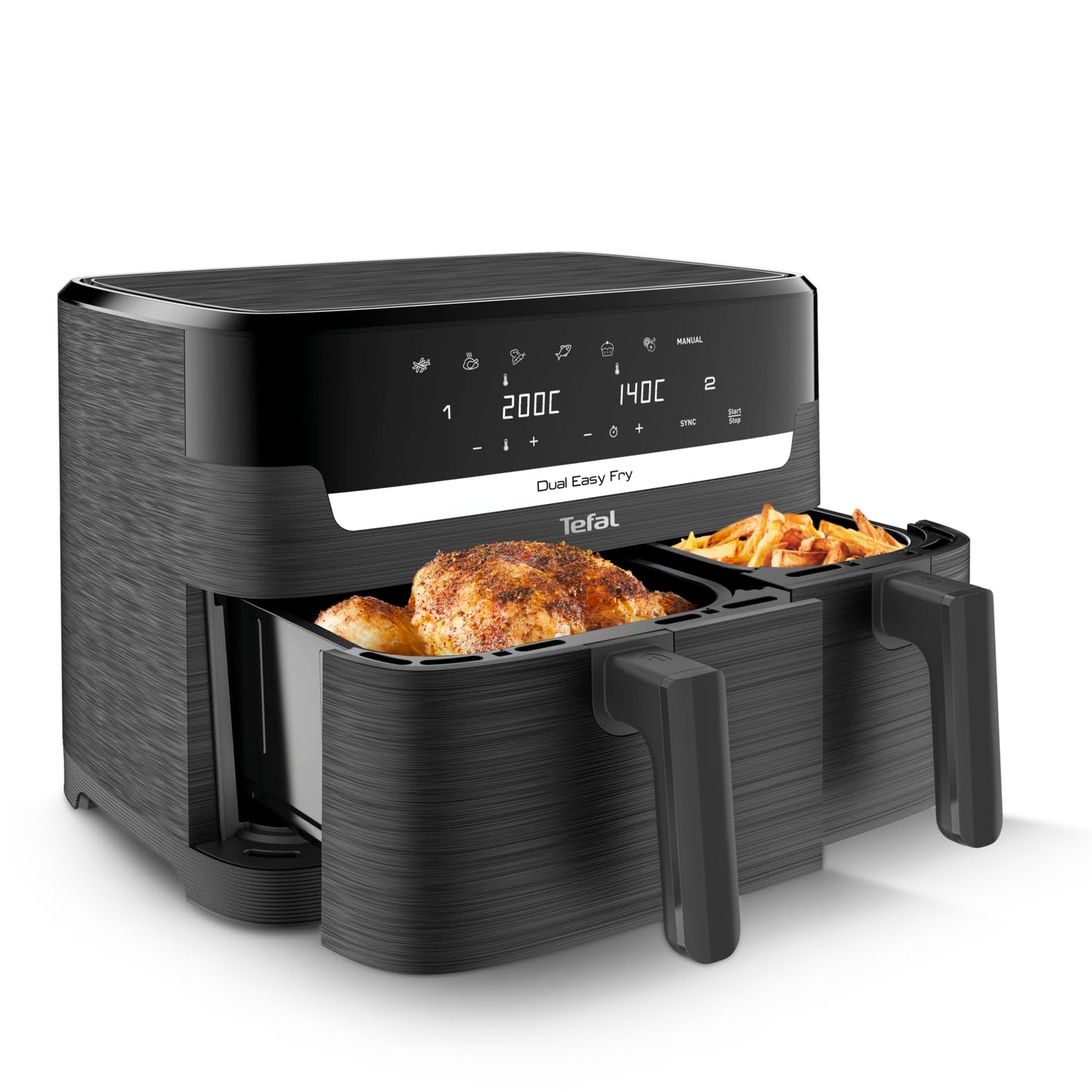 Tefal Easy Fry Dual Zone Digital Air Fryer, 2 Drawers, 8.3L, 8in1, Air Fry, Extra Crisp, Roast, Bake, Reheat, Dehydrate, 6 Portions, Non-Stick, Dishwasher Safe Baskets, Black & Metal EY901840