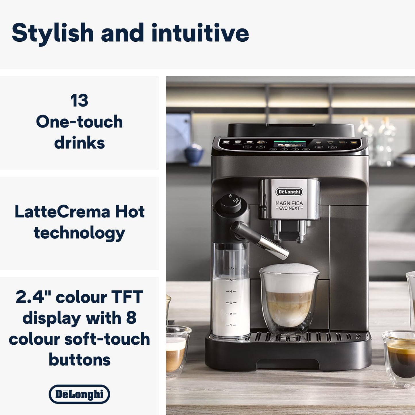 De'Longhi Magnifica Evo Next ECAM312.80.TB, Automatic Coffee Machine With Automatic Milk Frother, Bean To Cup Coffee and Cappuccino Machine with Intuitive Touch Display, Black/Titanium