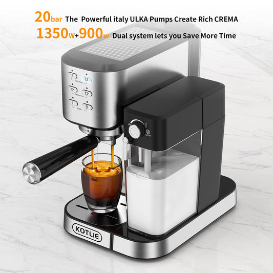 KOTLIE Espresso Coffee Machine with Automatic Milk Frother, 20Bar One-Touch Coffee Machines for Espresso, Cappuccino and Latte, ESE Pod Compatible, Black (CM5180-UK)