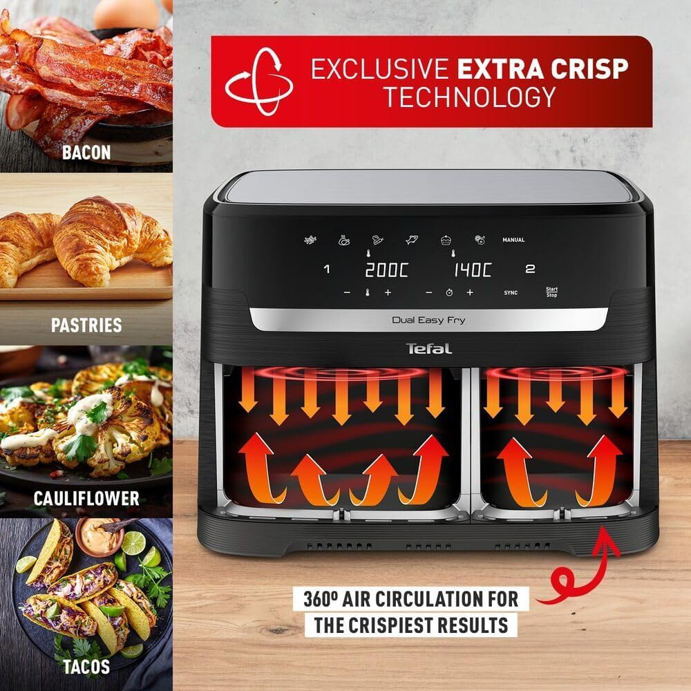 Tefal Easy Fry Dual Zone Digital Air Fryer, 2 Drawers, 8.3L, 8in1, Air Fry, Extra Crisp, Roast, Bake, Reheat, Dehydrate, 6 Portions, Non-Stick, Dishwasher Safe Baskets, Black & Metal EY901840