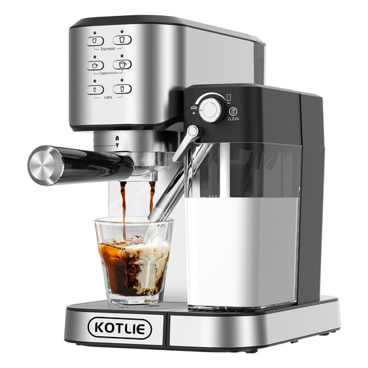 KOTLIE Espresso Coffee Machine with Automatic Milk Frother, 20Bar One-Touch Coffee Machines for Espresso, Cappuccino and Latte, ESE Pod Compatible, Black (CM5180-UK)