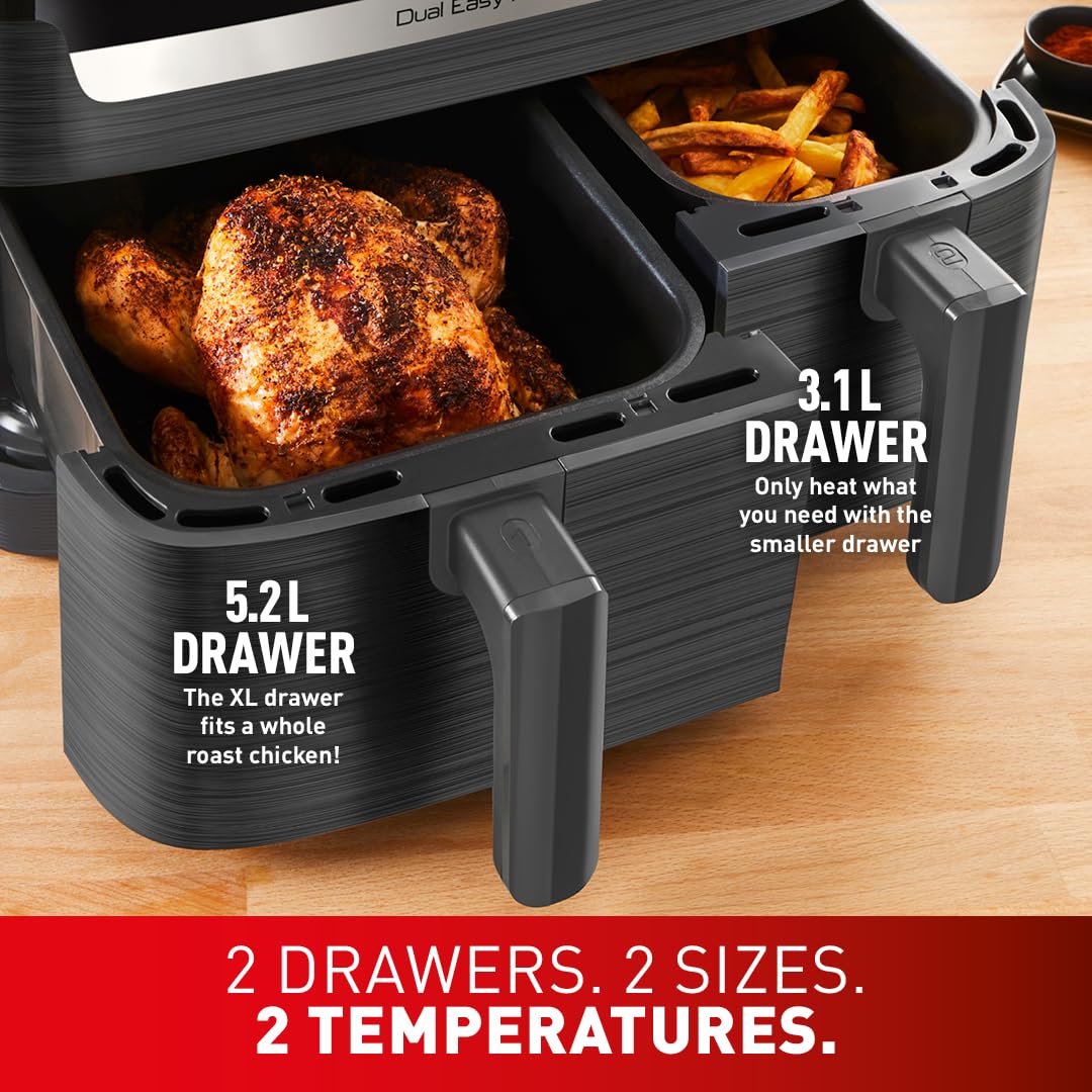 Tefal Easy Fry Dual Zone Digital Air Fryer, 2 Drawers, 8.3L, 8in1, Air Fry, Extra Crisp, Roast, Bake, Reheat, Dehydrate, 6 Portions, Non-Stick, Dishwasher Safe Baskets, Black & Metal EY901840