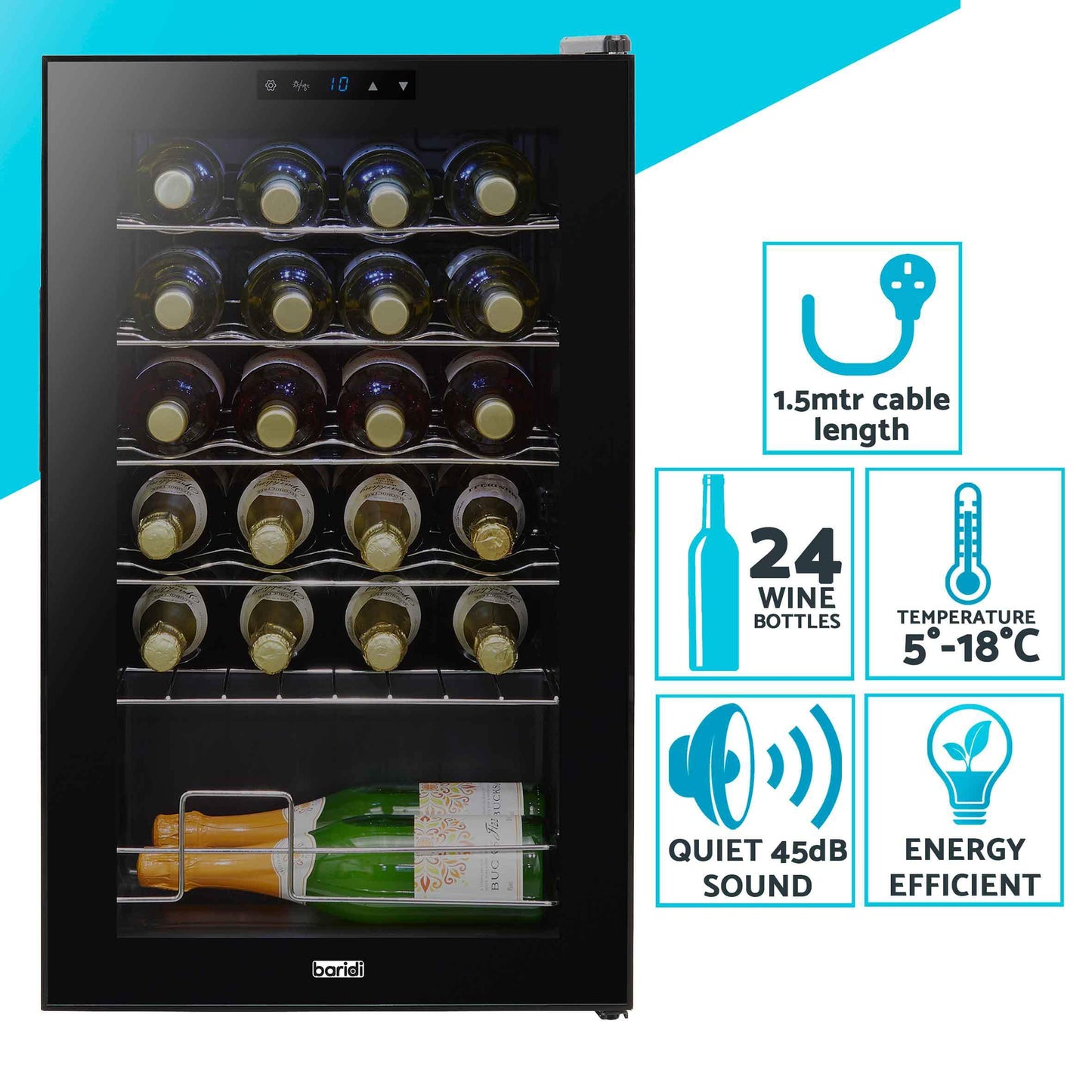 Baridi Black 12 Bottle Wine Fridge Cooler, Super Quiet 25dB, Touch Control, LED - DH73