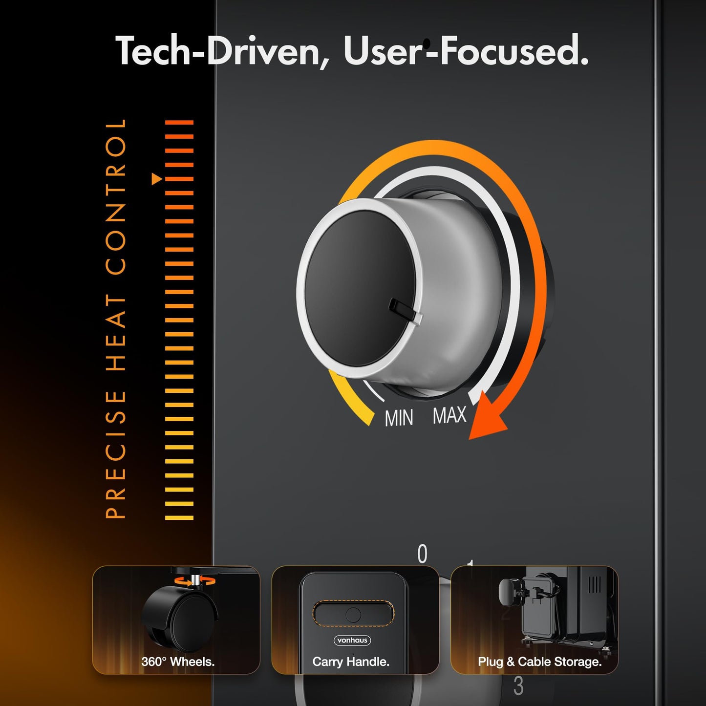 VonHaus Oil Filled Radiator 9 Fin – Oil Heater Portable Electric Free Standing 2000W for Home, Office, Any Room – Adjustable Thermostat, 3 Heat Settings, 4x Wheels, 1.5m Power Cable – 2 Year Warranty