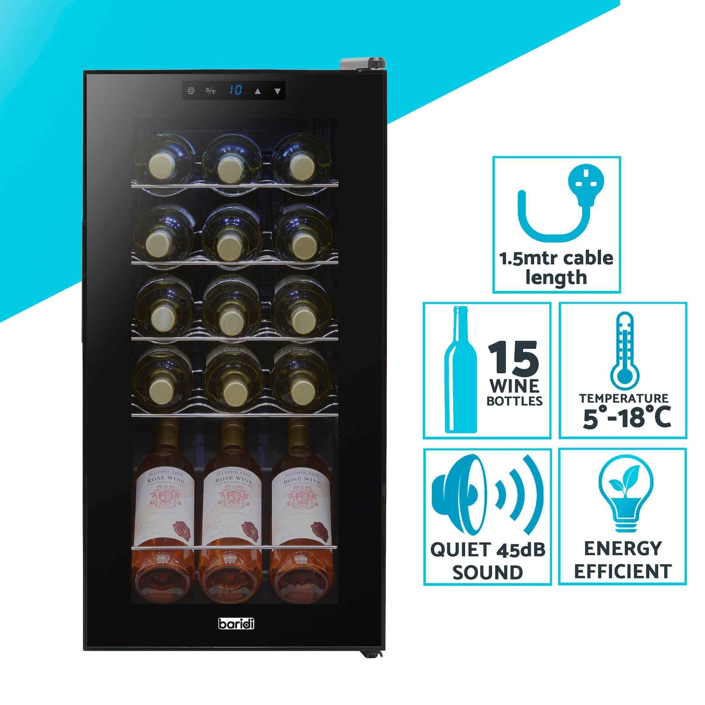 Baridi Black 12 Bottle Wine Fridge Cooler, Super Quiet 25dB, Touch Control, LED - DH73
