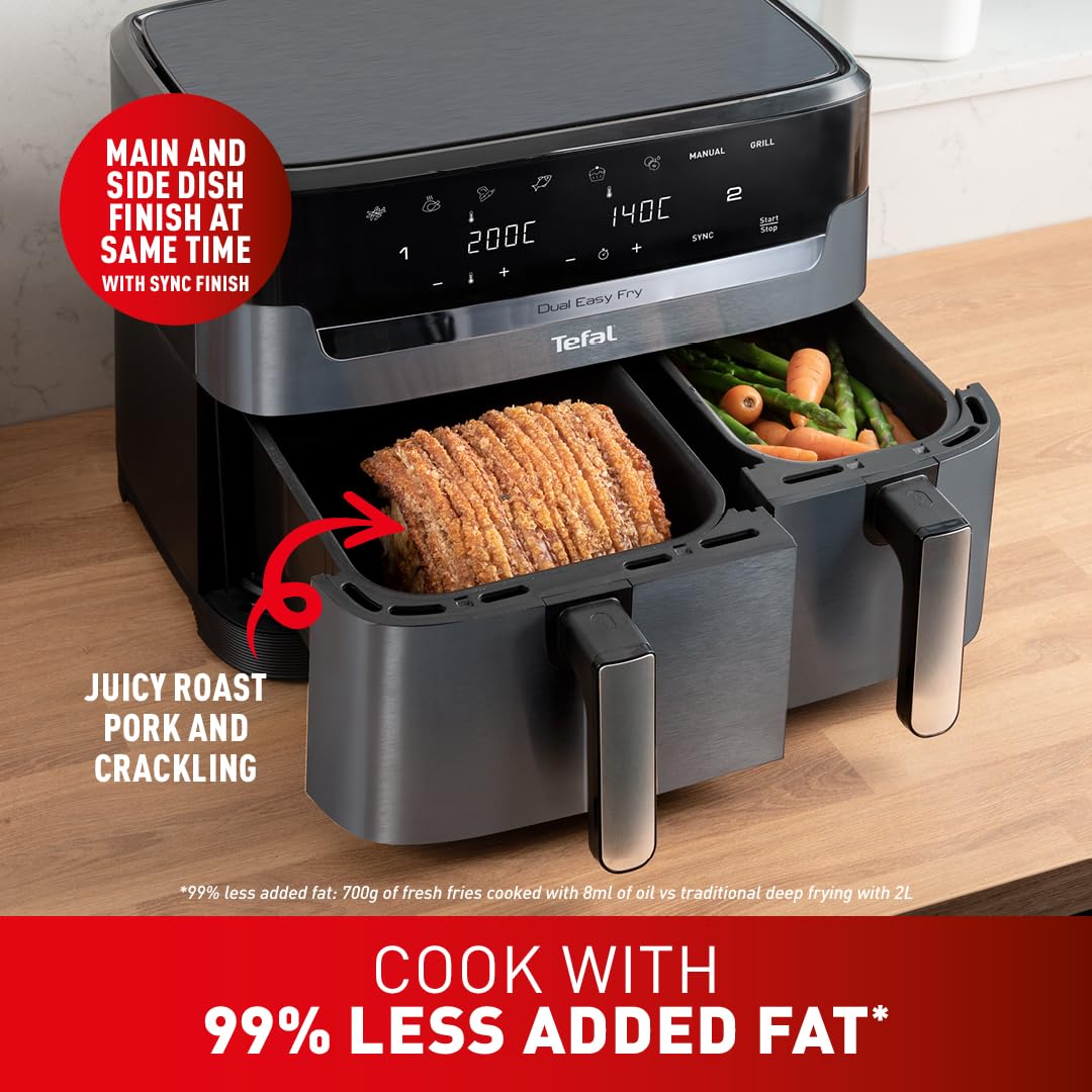 Tefal Easy Fry Dual Zone Digital Air Fryer, 2 Drawers, 8.3L, 8in1, Air Fry, Extra Crisp, Roast, Bake, Reheat, Dehydrate, 6 Portions, Non-Stick, Dishwasher Safe Baskets, Black & Metal EY901840