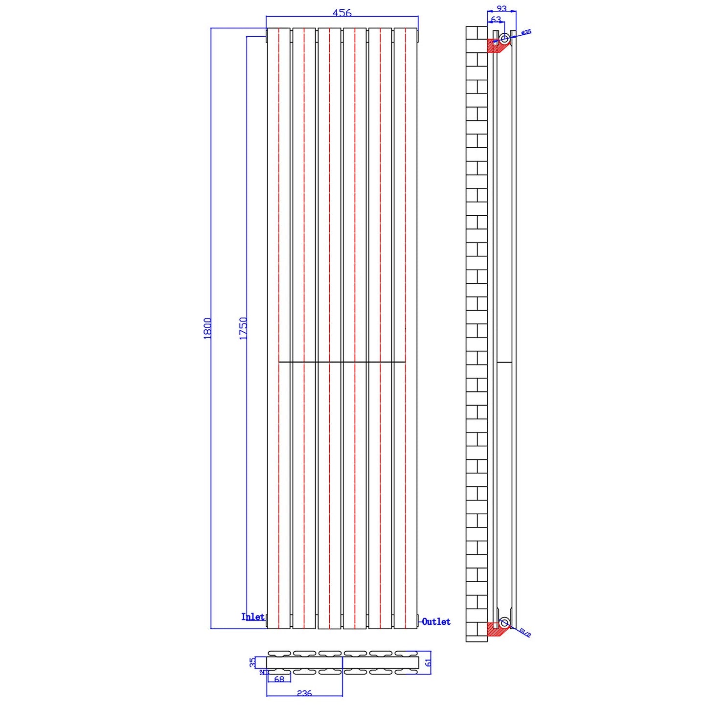 ELEGANT Radiators Vertical White Tall Single Bathroom Kitchen Designer Radiator Flat Panel 1800 x 452 mm