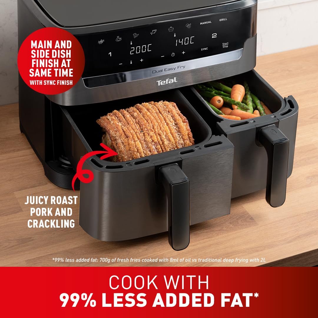 Tefal Easy Fry Dual Zone Digital Air Fryer, 2 Drawers, 8.3L, 8in1, Air Fry, Extra Crisp, Roast, Bake, Reheat, Dehydrate, 6 Portions, Non-Stick, Dishwasher Safe Baskets, Black & Metal EY901840