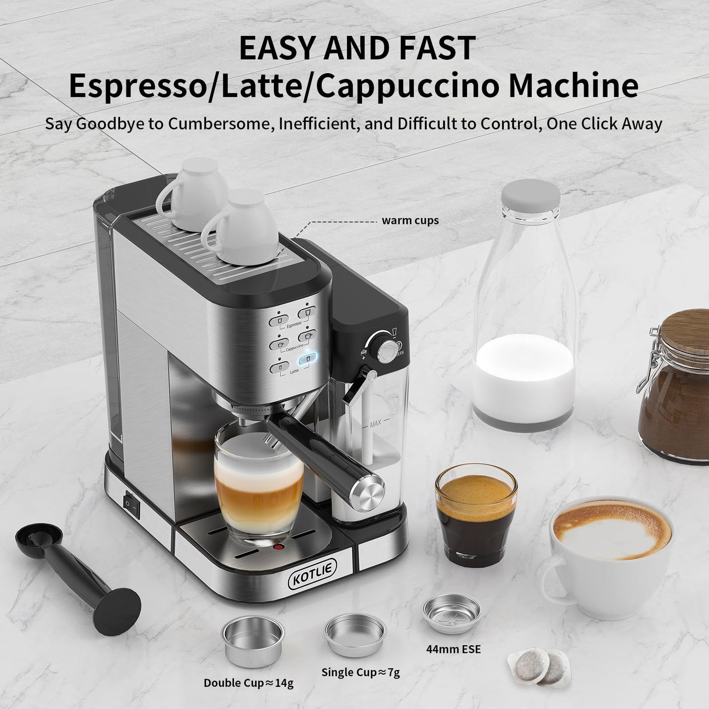 KOTLIE Espresso Coffee Machine with Automatic Milk Frother, 20Bar One-Touch Coffee Machines for Espresso, Cappuccino and Latte, ESE Pod Compatible, Black (CM5180-UK)