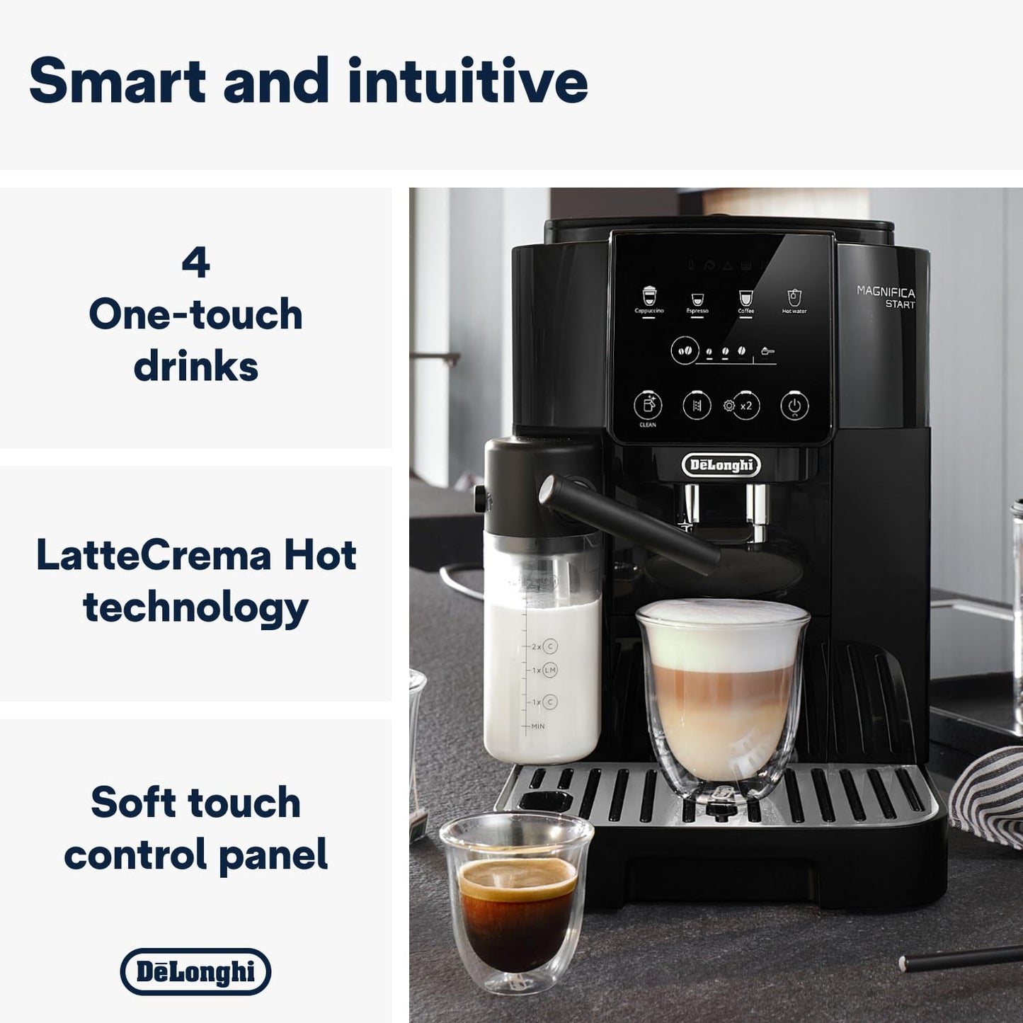 De'Longhi Magnifica Start ECAM220.60.B, Fully Automatic Bean to Cup Coffee Machine with 4 One-Touch Recipes, Soft-Touch Control Panel, Auto Milk, 1450W, Black