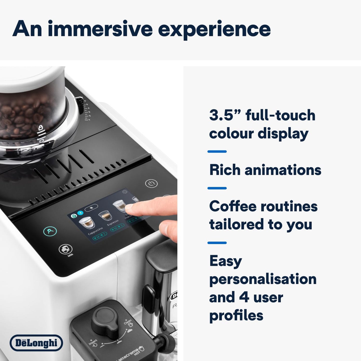 Delonghi Rivelia EXAM440.55.G, Fully Automatic Coffee Machine with LatteCrema Hot, Automatic Milk Frother, Compact Size Bean to Cup Coffee Machine, 16 Recipes, Full Touch Colored Display, Pebble Grey