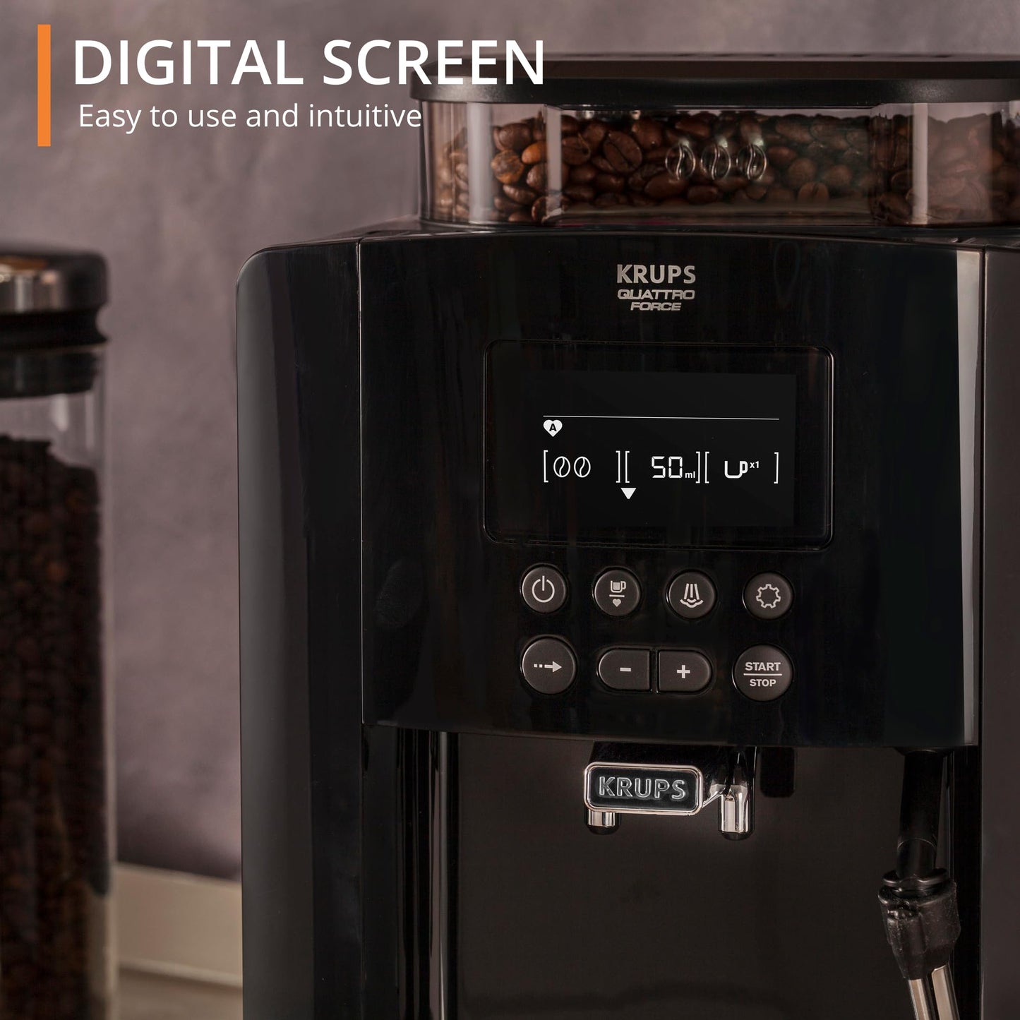 KRUPS Arabica Digital Automatic Coffee Machine, Bean to Cup, Espresso & Cappuccino Maker, 1.7 litre Water Tank, Silver, EA817840