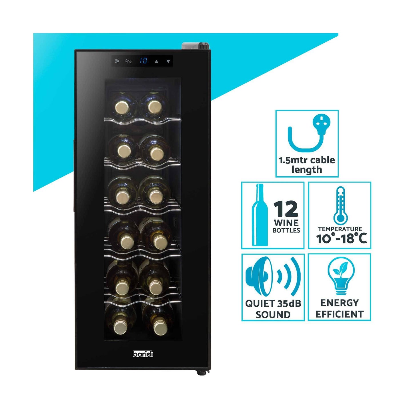 Baridi Black 12 Bottle Wine Fridge Cooler, Super Quiet 25dB, Touch Control, LED - DH73