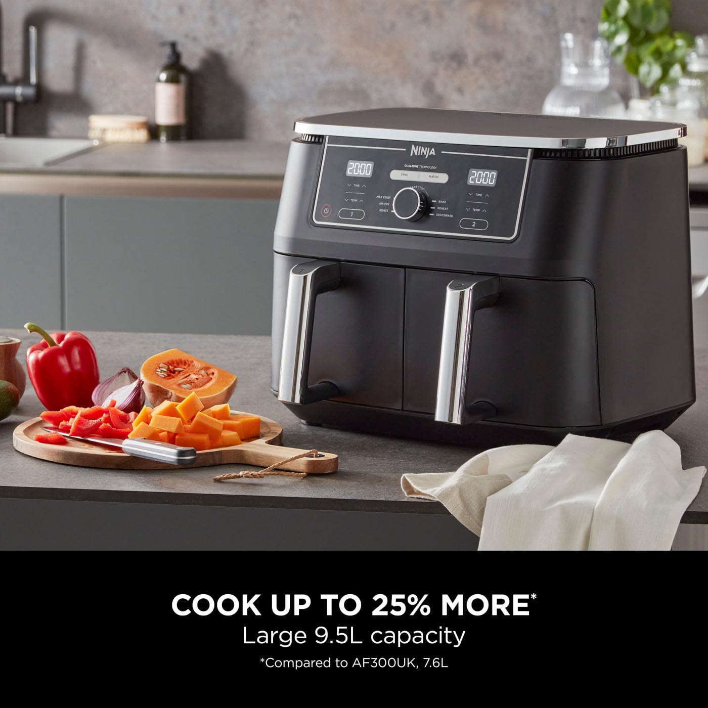 Ninja Double Stack XL Air Fryer, Vertical Dual Drawer Air Fryer with 4 cooking levels, 2 Drawers & 2 Racks, Space Saving Design, 9.5L Capacity, 6 Functions, 8 Portions, Tongs, Black/Copper SL400UKCP