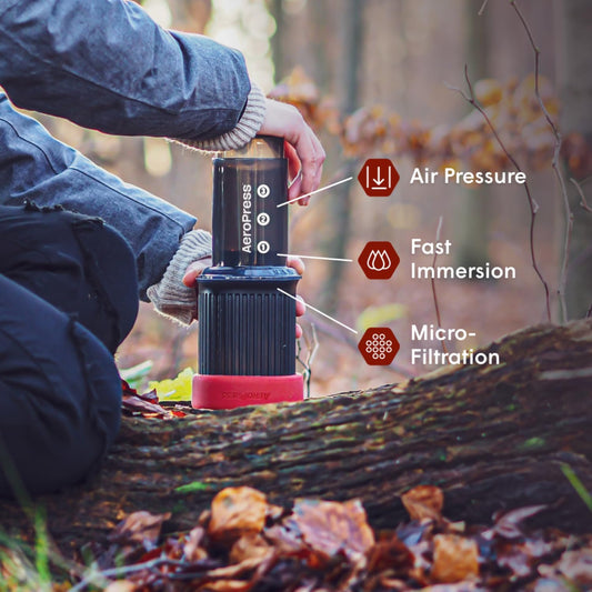 Aeropress Go Portable Travel Coffee Press Kit, 1-3 Cups in a Minute, Coffee, Espresso, & Cold Brew Maker, Manual Coffee Making Machine for Travel, Includes Mug & Lid, Grey