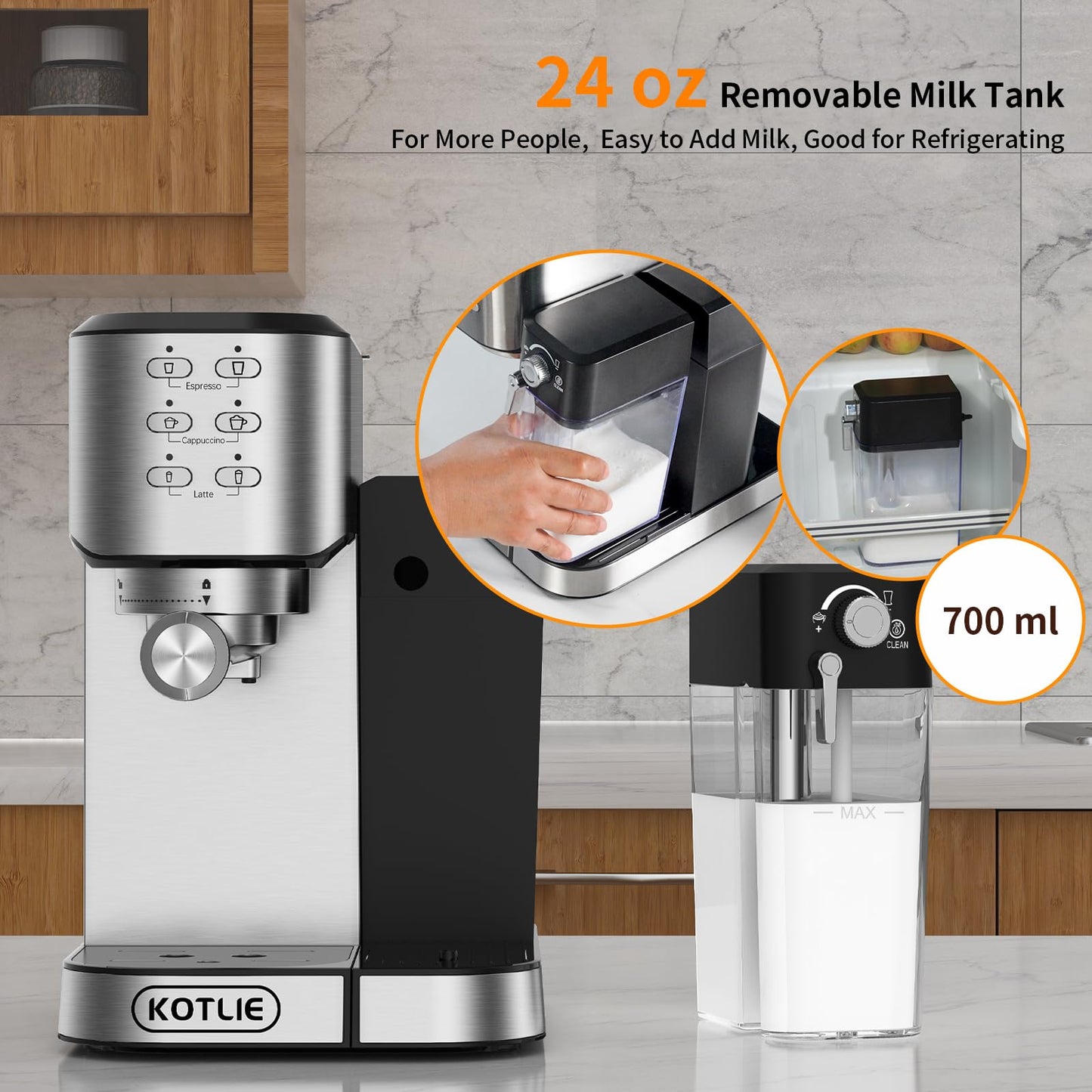 KOTLIE Espresso Coffee Machine with Automatic Milk Frother, 20Bar One-Touch Coffee Machines for Espresso, Cappuccino and Latte, ESE Pod Compatible, Black (CM5180-UK)