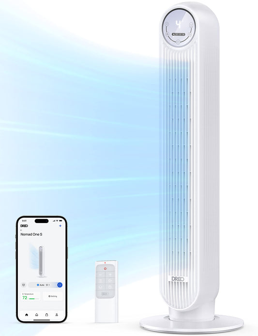 Dreo 28dB Silent Tower Fan, 25ft/s Velocity Electric Cooling Fan with Remote Control 90° Oscillating 4 Speeds 4 Modes 8H Timer LED Display, Quiet Standing Bladeless Floor Fans for Bedroom, White