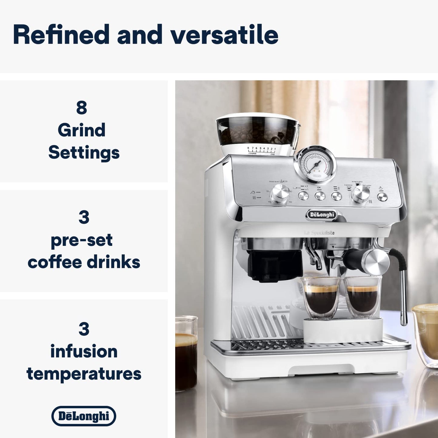 De'Longhi La Specialista Arte EC9155.W, Barista Pump Espresso Machine, Bean to Cup Coffee and Cappuccino Maker, 8 Grinding Settings, MyLatte Art Frothing Wand, 1550W, White