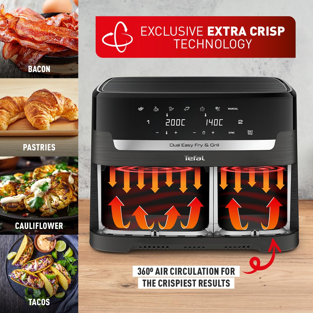 Tefal Easy Fry Dual Zone Digital Air Fryer, 2 Drawers, 8.3L, 8in1, Air Fry, Extra Crisp, Roast, Bake, Reheat, Dehydrate, 6 Portions, Non-Stick, Dishwasher Safe Baskets, Black & Metal EY901840