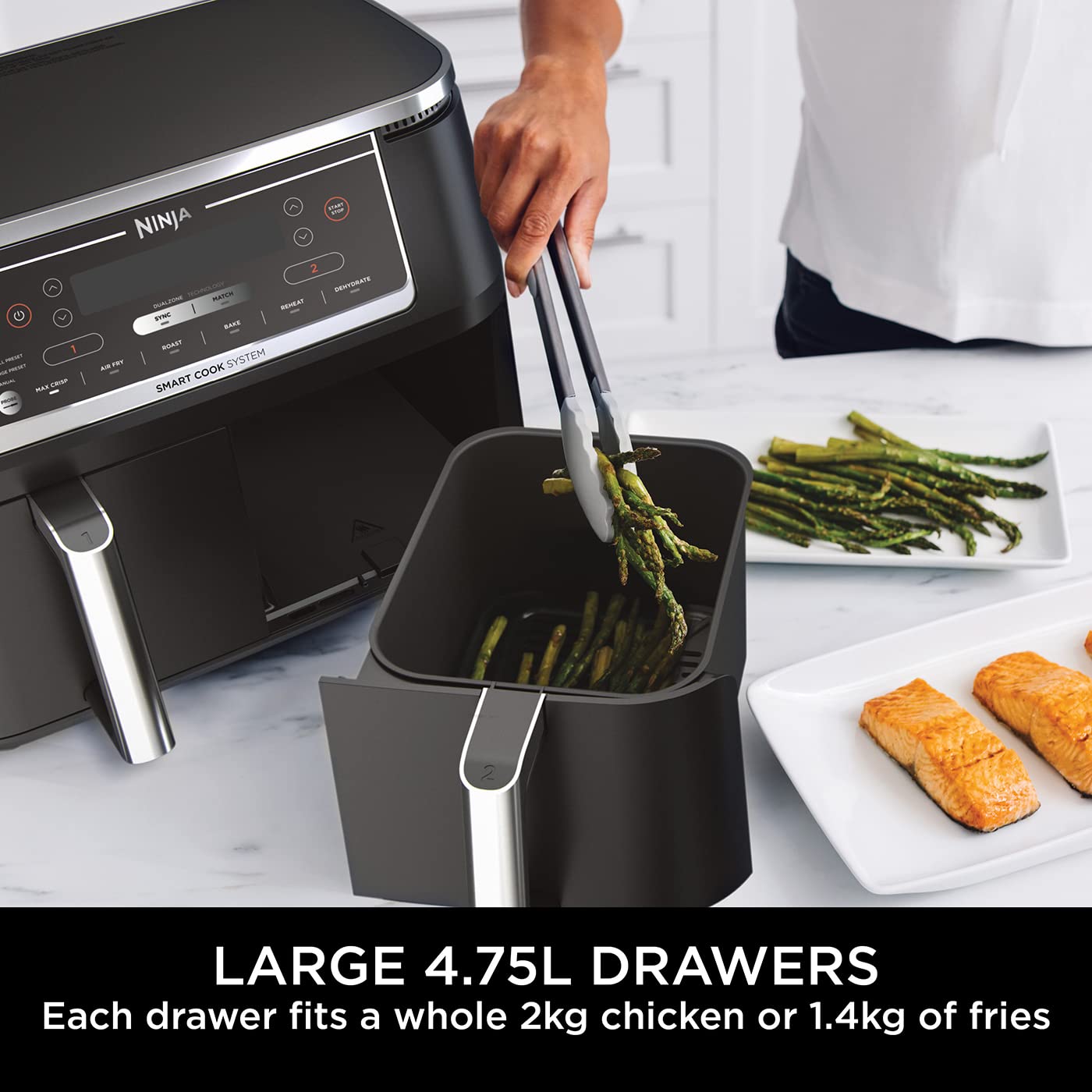 Ninja Double Stack XL Air Fryer, Vertical Dual Drawer Air Fryer with 4 cooking levels, 2 Drawers & 2 Racks, Space Saving Design, 9.5L Capacity, 6 Functions, 8 Portions, Tongs, Black/Copper SL400UKCP