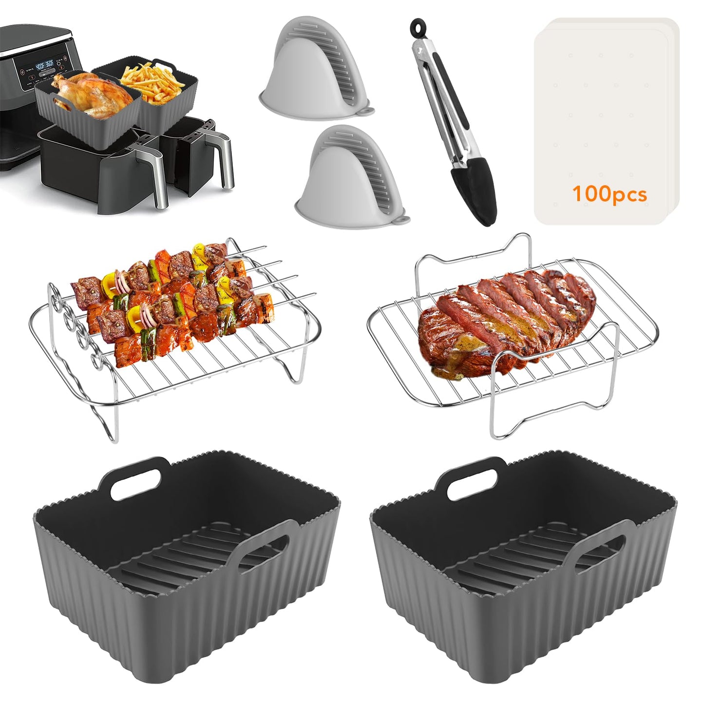 Air Fryer Accessories, Silicone Air Fryer Liner for Ninja Dual AF400UK AF500UK AF451UK Tower T17088, 8 PCS Ninja Air Fryer Accessories, Upgraded Air Fryer Liner Silicone & Dual Air Fryer Racks