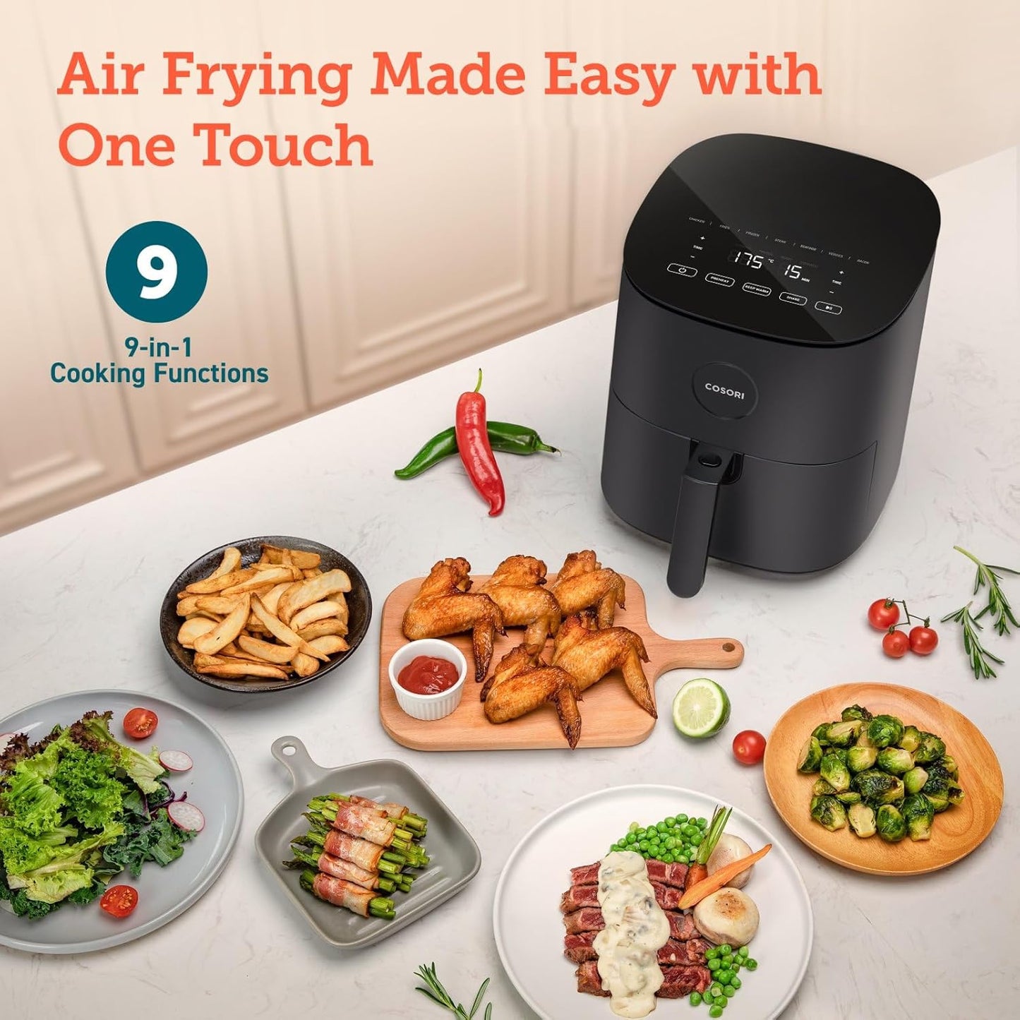 COSORI Air Fryer 4.7L, 9-in-1 Compact Air Fryers Oven, 130+ Recipes(Cookbook & Online), Max 230℃ Setting, Digital Tempered Glass Display, Quiet, 4 Portions, Non-Stick, Dishwasher Safe, 1500W