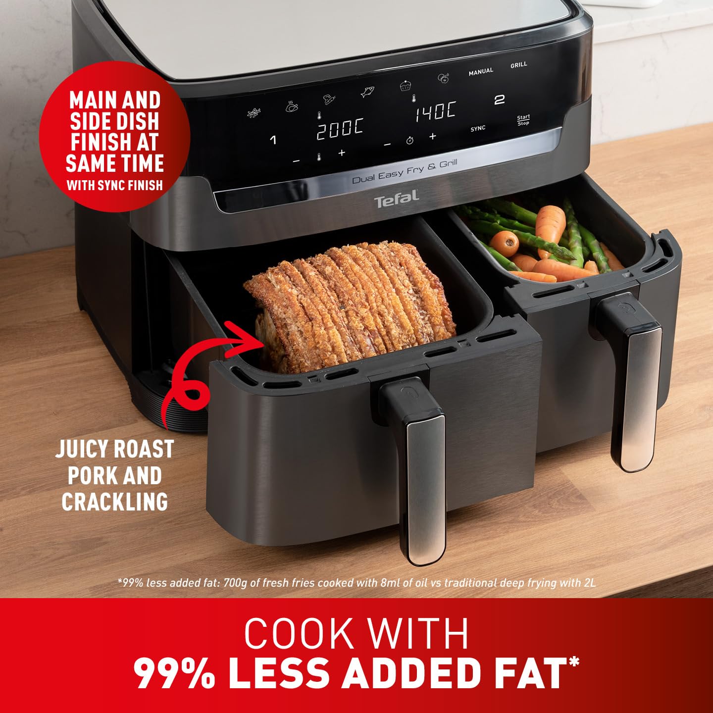 Tefal XXL Dual Easy Fry 11L Air Fryer, Dual Drawer, No Oil, Extra Crisp, Roast, Bake, Reheat, Dehydrate, 7 Pre-set Programs, Dishwasher Safe, 8+ Portions, Java-Grey, EY942BG0