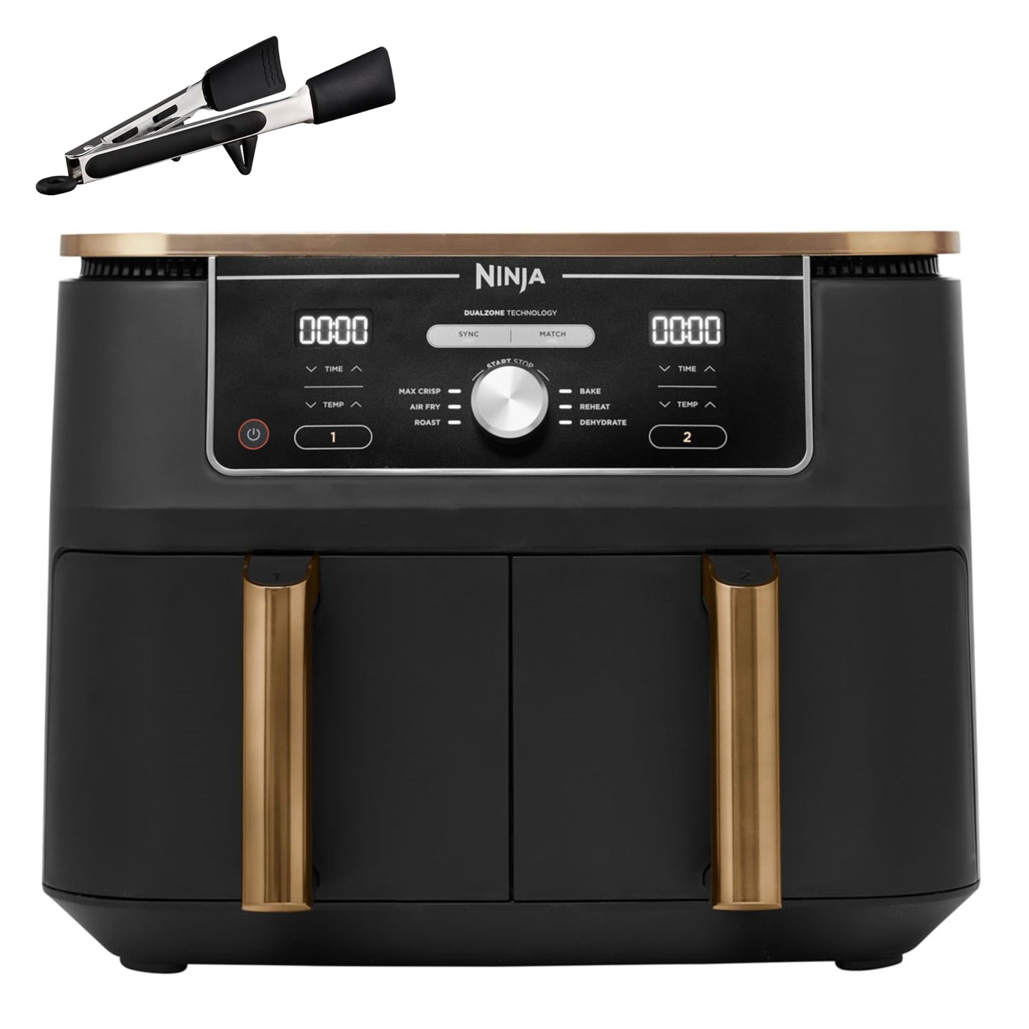 Ninja Foodi MAX Dual Zone Air Fryer, Amazon Exclusive, Tongs, 2 Drawers, 9.5L, 6-in-1, Use No Oil, Air Fry, Max Crisp, Roast, Bake, 8 Portions, Nonstick Dishwasher Safe Baskets, Copper/Black AF400UKCP