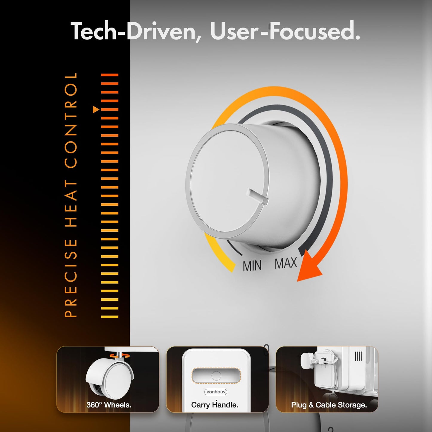 VonHaus Oil Filled Radiator 9 Fin – Oil Heater Portable Electric Free Standing 2000W for Home, Office, Any Room – Adjustable Thermostat, 3 Heat Settings, 4x Wheels, 1.5m Power Cable – 2 Year Warranty