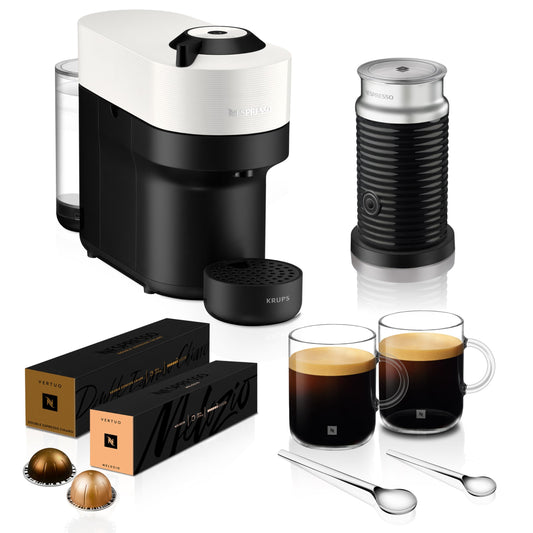 Nespresso Krups Vertuo Pop Coffee Pod Machine, Baritsa Bundle, includes White Vertuo Pop Coffee Pod Machine, 1x Milk Frother, 2x Mugs, 2x spoons, Melozio coffee pods & Chiaro coffee pods