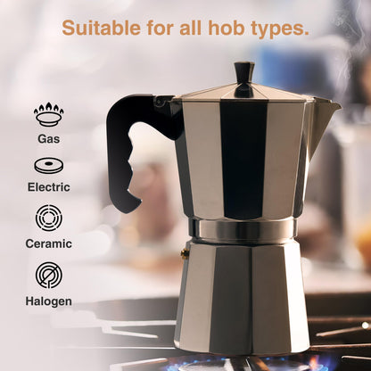 VonShef Stovetop Coffee Maker, 9 Cup Aluminium Italian Espresso Maker, 450ml Gas & Electric Stove Top Moka Pot with Replacement Gasket & Filter