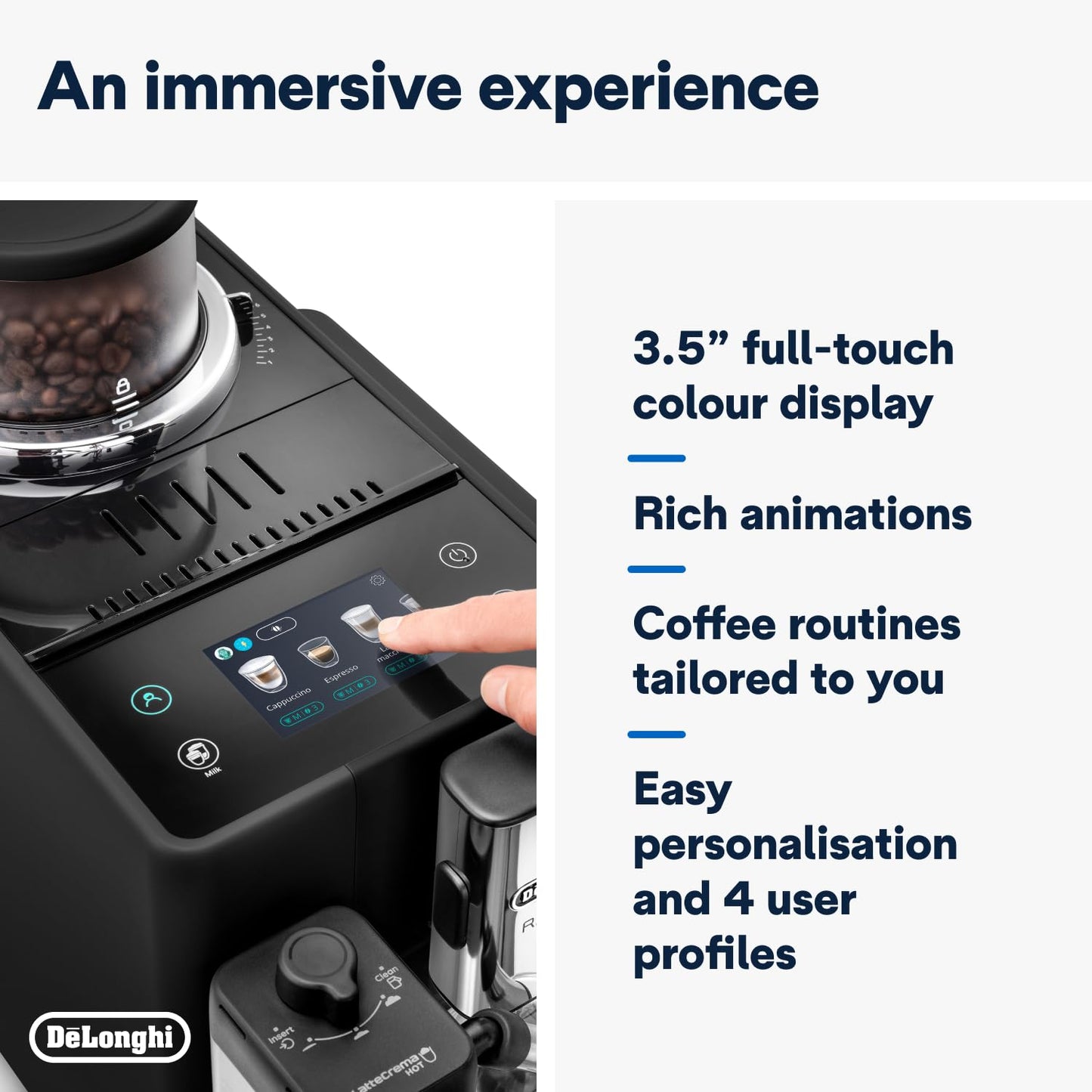 Delonghi Rivelia EXAM440.55.G, Fully Automatic Coffee Machine with LatteCrema Hot, Automatic Milk Frother, Compact Size Bean to Cup Coffee Machine, 16 Recipes, Full Touch Colored Display, Pebble Grey