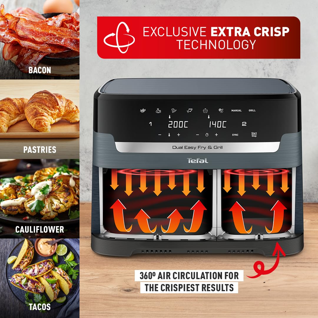 Tefal Easy Fry Dual Zone Digital Air Fryer, 2 Drawers, 8.3L, 8in1, Air Fry, Extra Crisp, Roast, Bake, Reheat, Dehydrate, 6 Portions, Non-Stick, Dishwasher Safe Baskets, Black & Metal EY901840