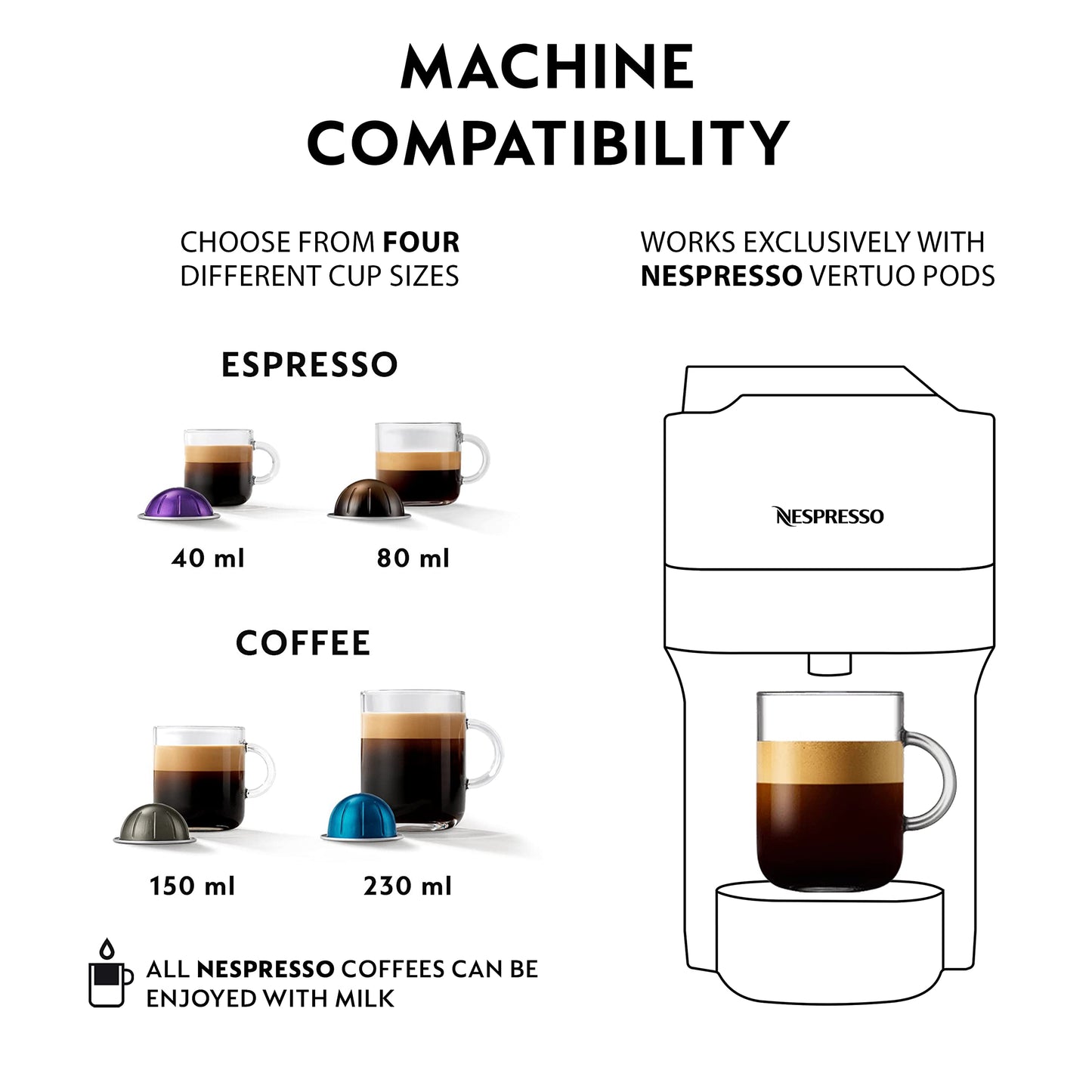 Nespresso Coffee Machine Barista Bundle includes Vertuo Pop White by Krups, Milk Frother, 2x Mugs, 2 x spoons, Melozio coffee pods & Chiaro coffee pods