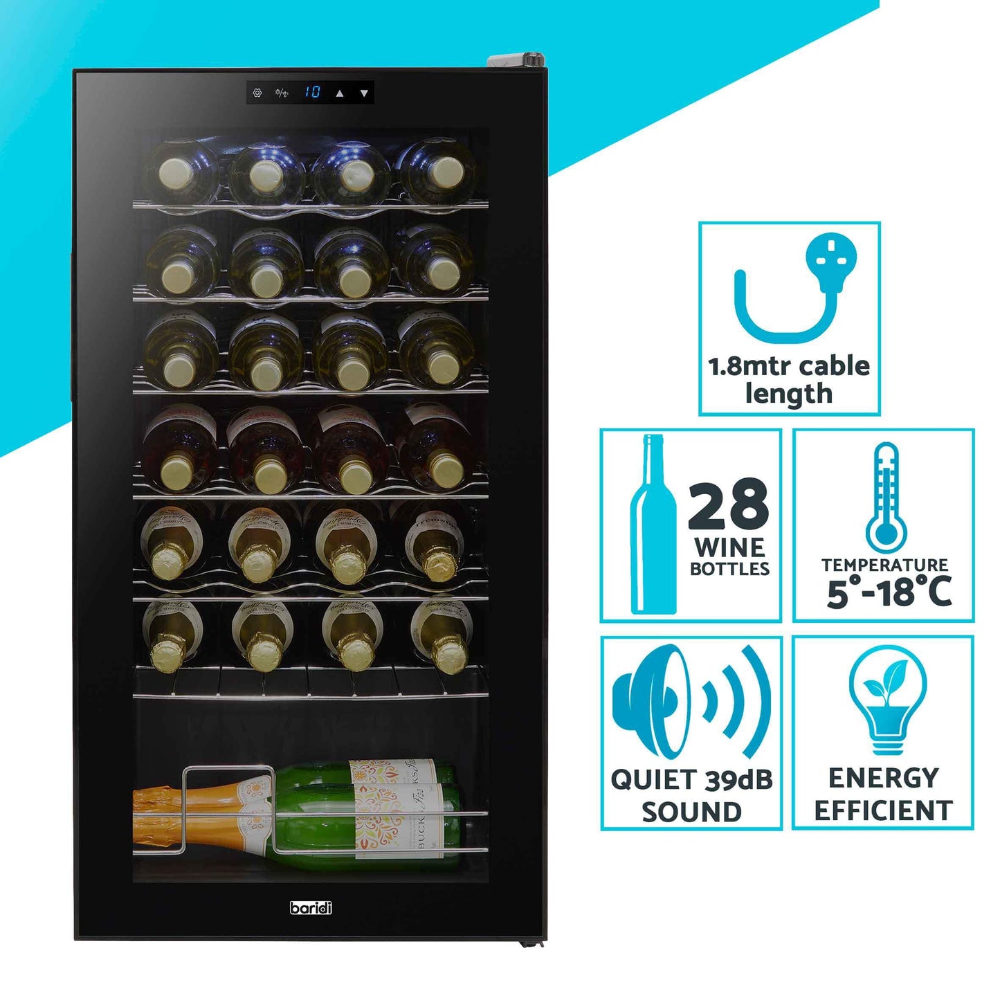 Baridi Black 12 Bottle Wine Fridge Cooler, Super Quiet 25dB, Touch Control, LED - DH73