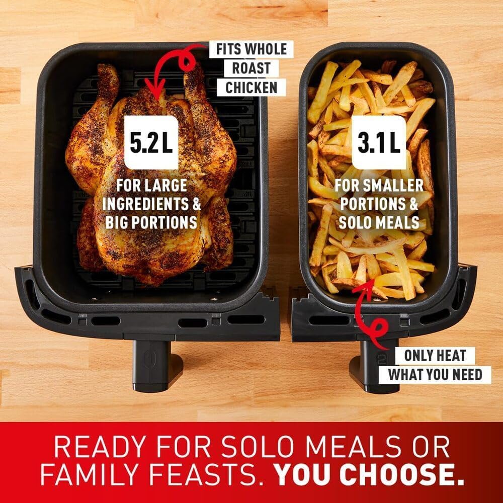 Tefal Easy Fry Dual Zone Digital Air Fryer, 2 Drawers, 8.3L, 8in1, Air Fry, Extra Crisp, Roast, Bake, Reheat, Dehydrate, 6 Portions, Non-Stick, Dishwasher Safe Baskets, Black & Metal EY901840