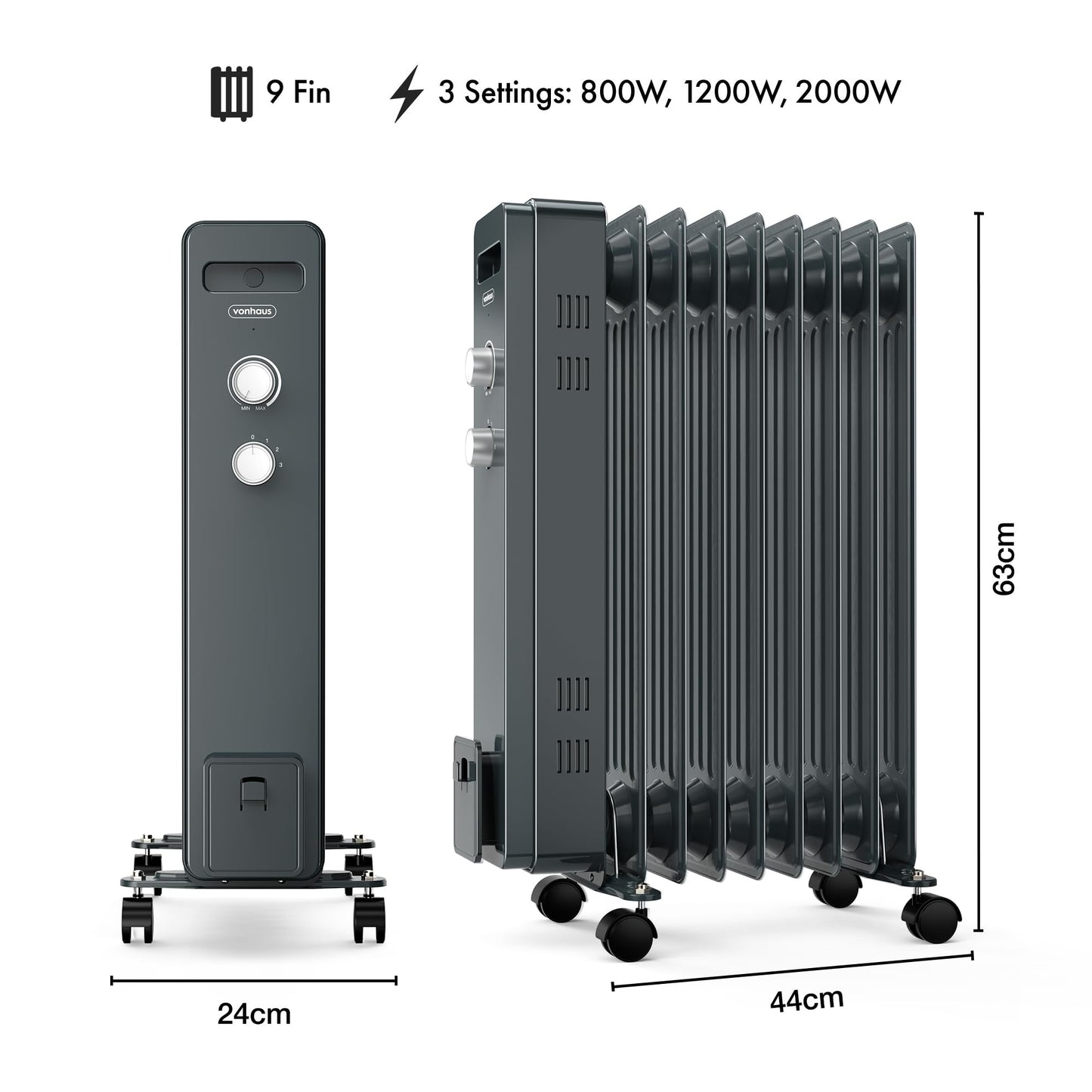 VonHaus Oil Filled Radiator 9 Fin – Oil Heater Portable Electric Free Standing 2000W for Home, Office, Any Room – Adjustable Thermostat, 3 Heat Settings, 4x Wheels, 1.5m Power Cable – 2 Year Warranty